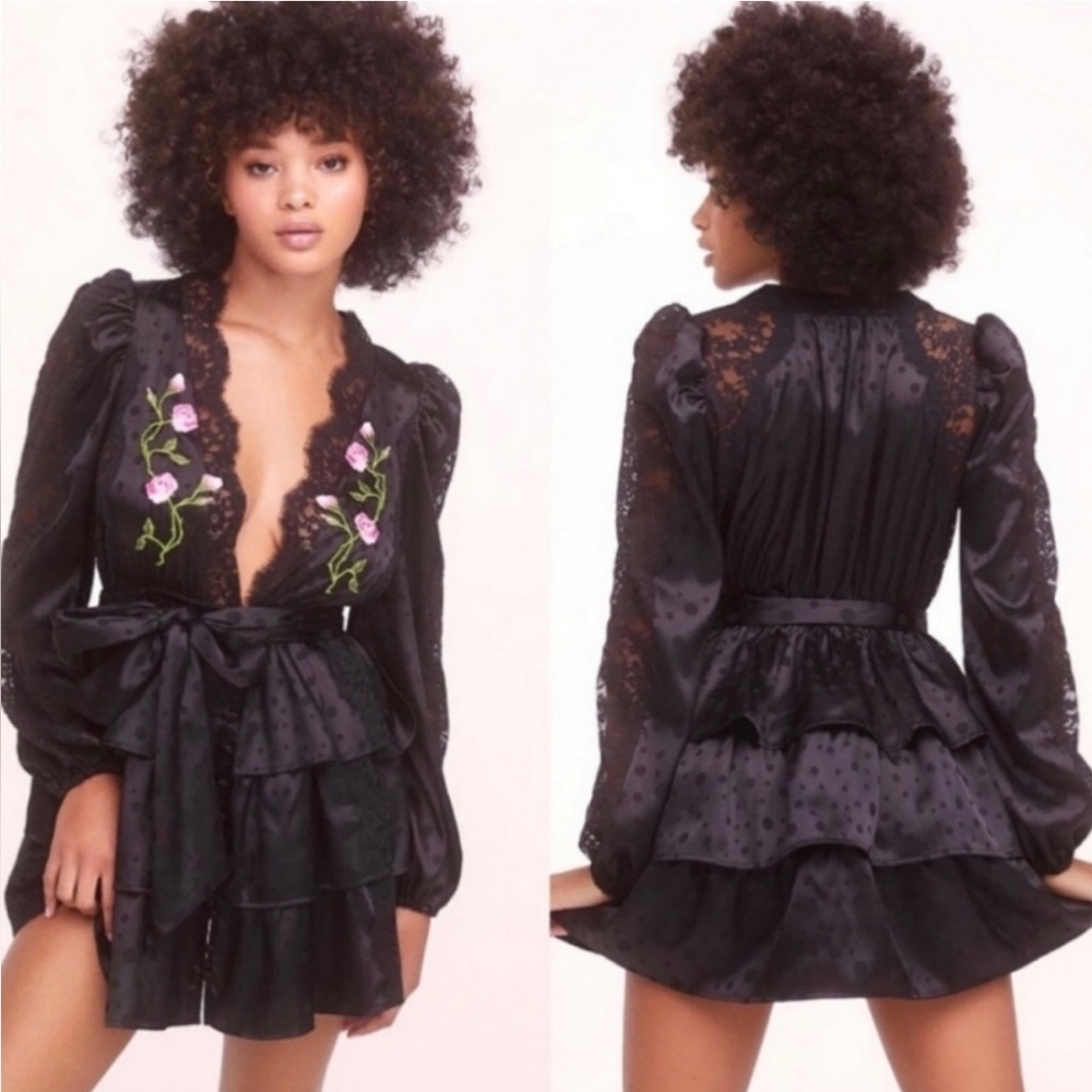M For Love and Lemons Black Fluer Embroidered Floral Robe ruffled Mini Dress